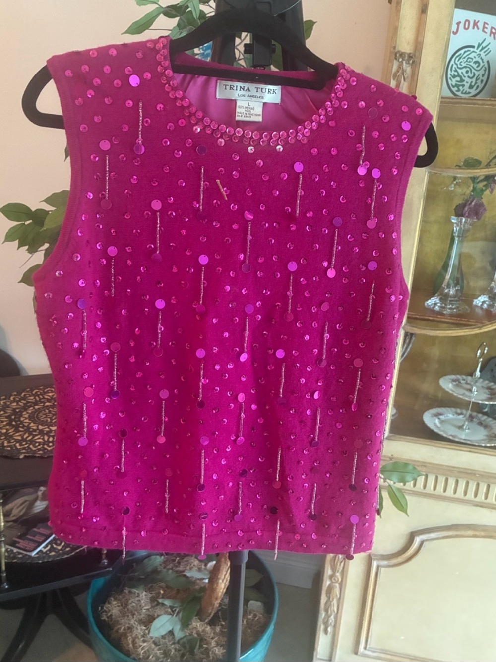Trina Turk Sparkle Pink Sequin Wool Sleeveless Top